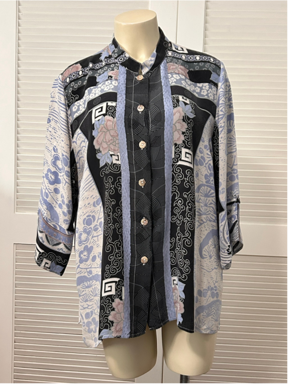Citron Santa Monica Black White Blossom 100% Silk Blouse XL